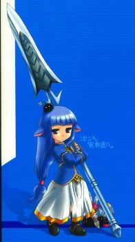 1girl blue_background blue_eyes blue_hair chibi female_focus lenneth lenneth_valkyrie long_hair low-tied_long_hair matching_hair/eyes scan solo star_ocean star_ocean:_till_the_end_of_time uguisu_kagura weapon