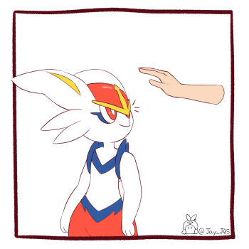 1girl animal_hands animal_nose arms_at_sides artist_name blue_fur body_fur border bright_pupils cinderace closed_mouth disembodied_hand female_focus flat_chest flat_color furry furry_female gen_8_pokemon happy j.jama looking_at_another matching_hair/eyes multicolored_fur nintendo notice_lines outside_border pokemon pokemon_(creature) rabbit_ears rabbit_girl red_eyes red_fur red_hair short_hair signature simple_background smile solo_focus standing twitter_username white_background white_fur white_pupils