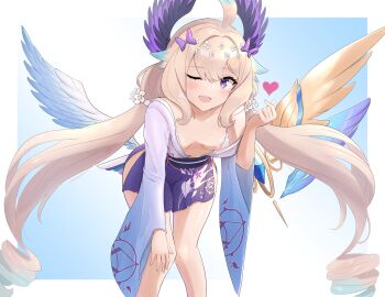 1girl :d ahoge bent_over bird_tail blonde_hair blue_background blue_nails blush bow breasts downblouse drill_hair enna_alouette finger_heart fingernails flower gradient_hair hair_bow hair_flower hair_ornament hakama hakama_short_skirt hakama_skirt hand_on_own_knee head_wings heart highres japanese_clothes leaning_forward long_hair looking_at_viewer low_wings miniskirt multicolored_hair nail_polish nijisanji nijisanji_en nipple_slip nipples no_bra obi one_eye_closed open_mouth purple_bow purple_eyes purple_skirt sash side_slit skirt small_breasts smile solo spread_wings tail telomere thigh_gap twin_drills twintails very_long_hair virtual_youtuber wings