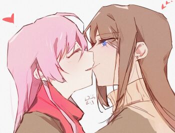 Rule 34 | 2girls, bang dream!, bang dream! it's mygo!!!!!, brown hair, brown sweater, chihaya anon, closed eyes, commentary request, earrings, fang, heart, highres, jewelry, kiss, looking at another, mrwule, multiple girls, nagasaki soyo, pink hair, red scarf, scarf, sidelocks, skin fang, stud earrings, sweater, yuri