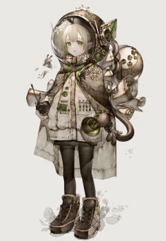 1girl :o absurdres black_gloves blonde_hair boots commentary english_text gloves green_eyes hair_between_eyes helmet highres hito_komoru holding jacket jewelry looking_at_viewer open_mouth original pantyhose platform_shoes science_fiction scroll shoelaces shoes simple_background slug solo space_helmet test_tube