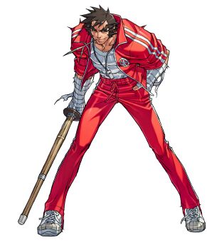 1boy absurdres brown_eyes brown_hair edaki_shin&#039;ya facial_hair full_body game_cg hand_on_own_hip highres jacket justice_gakuen kendo legs_apart light_smile male_focus moero!_justice_gakuen mutton_chops nekketsu_hayato non-web_source official_art open_clothes open_jacket shinai shoes sideways_glance simple_background sneakers solo standing sword thick_eyebrows track_jacket weapon whistle whistle_around_neck white_background wrist_wrap