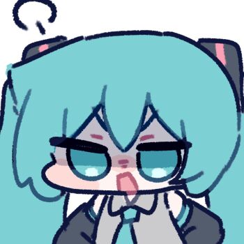1girl angry aqua_eyes aqua_hair aqua_necktie bare_shoulders black_sleeves blush blush_stickers chibi collared_shirt commentary detached_sleeves double-parted_bangs grey_shirt hair_between_eyes hair_ornament hands_on_own_hips hashtag-only_commentary hatsune_miku long_hair looking_at_viewer miratsu_(miratsu169) necktie nose_blush open_mouth puff_of_air shaded_face shirt simple_background sleeveless sleeveless_shirt solo twintails upper_body v-shaped_eyebrows vocaloid white_background