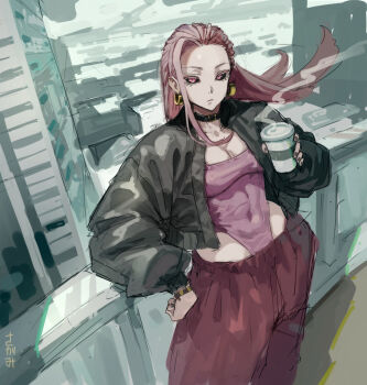 1girl against_railing bare_hips black_jacket black_sclera breasts casual cleavage collar colored_sclera commentary_request cup disposable_coffee_cup disposable_cup earrings hand_on_own_hip holding holding_cup jacket jewelry jujutsu_kaisen kakapyramid leotard looking_at_viewer pants pink_eyes pink_hair pink_leotard railing red_pants solo steam uro_takako