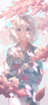 Rule 34 | 1girl, absurdres, blue eyes, blue kimono, cherry blossoms, commentary request, dated, erika (user spth3377), falling petals, floral print, floral print kimono, hanamura hinako, highres, japanese clothes, kimono, kitanai kimi ga ichiban kawaii, long hair, looking at viewer, obi, petals, pink sash, print kimono, sash, short hair, solo, white hair