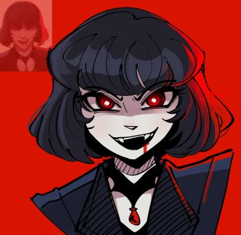 1girl absurdres black_hair blood blood_from_mouth blood_on_face bob_cut deadlock_(game) fangs glowing glowing_eyes highres jacket jewelry looking_at_viewer makeup medium_hair mina_(deadlock) open_mouth peargor pendant pendant_choker portrait red_background red_eyes reference_inset runny_makeup simple_background vampire