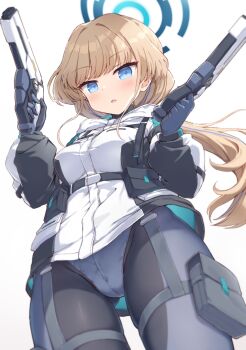 1girl blonde_hair blue_archive blue_eyes blue_hair blue_halo blush bodysuit breasts coat commentary_request dual_wielding ezoshika from_below gloves grey_bodysuit grey_gloves gun halo handgun holding holding_gun holding_weapon jacket leotard long_hair long_sleeves looking_at_viewer looking_down low_ponytail medium_breasts multicolored_hair panties panties_under_pantyhose pantyhose parted_lips ponytail simple_background solo streaked_hair toki_(blue_archive) underwear very_long_hair weapon weapon_request white_background white_coat white_jacket white_leotard white_panties wide_hips