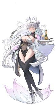 1girl absurdres adapted_costume animal_ears breasts colored_eyelashes detached_sleeves goddess_of_victory:_nikke grey_hair highleg highleg_leotard highres ko_uniii large_breasts leotard long_hair looking_at_viewer mechanical_arms navel nayuta_(nikke) playboy_bunny rabbit_ears single_detached_sleeve single_mechanical_arm solo split-color_clothes strapless strapless_leotard thick_eyelashes unusually_open_eyes very_long_hair white_eyelashes white_hair
