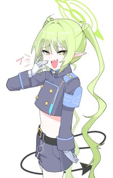 1girl armband bag belt blue_archive demon_tail fang gloves green_hair halo hat highres laughing long_hair mesugaki mesugaki_pose navel nozomi_(blue_archive) pointy_ears tail train_conductor twintails white_gloves yellow_eyes zhugul0804