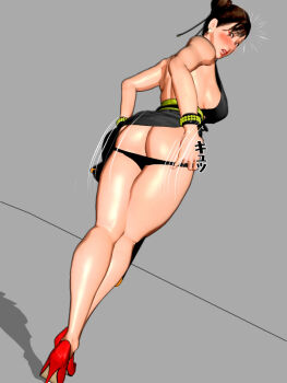 1girl 3d alternate_costume ass black_dress black_panties blush breasts brown_hair butt_crack capcom chun-li clothes_lift double_bun dress dress_lift dutch_angle earrings female_focus grey_background hair_bun hair_ornament high_heels jewelry kill_the_king lipstick looking_at_viewer looking_back makeup panties panty_pull perspective shoes sideboob simple_background solo standing street_fighter street_fighter_iv_(series) thick_thighs thighs underwear wrist_cuffs wristband
