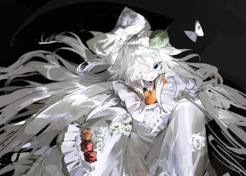 Rule 34 | 1girl, absurdres, apron, black background, blue eyes, bow, cowboy shot, flower, flower eyepatch, frilled apron, frilled sleeves, frills, hair bow, highres, japanese clothes, kimono, leaf, leaf on head, long hair, long sleeves, orange flower, orange kimono, orange rose, original, parted lips, red flower, red rose, rose, smile, solo, tsurime, very long hair, vihua6, white apron, white bow, white flower, white rose
