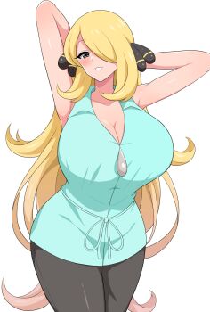 1girl aikome_(haikome) alternate_breast_size_(larger) blonde_hair breasts cynthia_(pokemon) hair_over_one_eye highres huge_breasts mature_female nintendo pokemon pokemon_(anime) pokemon_bw_(anime)