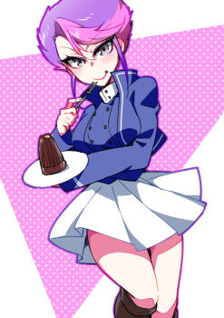 blue_jacket blush breasts cake choujuu_kishin_dancouga cosplay dancouga_(series) food food_on_face girls_und_panzer green_eyes hair_behind_ear hara_yumi holding holding_plate jacket marie_(girls_und_panzer) marie_(girls_und_panzer)_(cosplay) medium_breasts multicolored_hair pink_hair plate purple_hair robot_girls_z shapi_(robot_girls_z) shapiro skirt streaked_hair v-shaped_eyebrows white_skirt