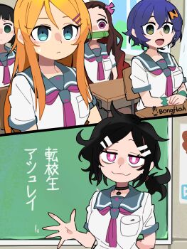 5girls absurdres arm_behind_back ashley_graves belle_(zenless_zone_zero) black_hair blue_eyes blue_hair bongftah chalkboard crossover desk green_eyes highres kamado_nezuko kimetsu_no_yaiba kirigaya_suguha kousaka_kirino multiple_girls necktie open_mouth orange_hair ore_no_imouto_ga_konna_ni_kawaii_wake_ga_nai pink_eyes pink_necktie pink_ribbon ponytail ribbon school school_desk school_uniform sitting smug sword_art_online the_coffin_of_andy_and_leyley zenless_zone_zero