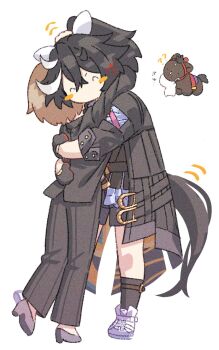 Rule 34 | 2girls, ?, ??, ^ ^, androgynous, animal ears, ankle socks, arms around neck, belt, belt buckle, belted coat, black belt, black coat, black gloves, black hair, black jacket, black pants, black shirt, black shorts, black socks, black suit, blazer, blush stickers, brown hair, buckle, business suit, closed eyes, coat, commentary request, dress pants, ear covers, female trainer (umamusume), formal clothes, frilled shirt, frills, full body, gloves, gold buckle, gold buttons, grey shoes, happy, headpat, high heels, high ponytail, highres, horse ears, horse tail, hug, jacket, jagaimobeniko, katsuragi ace (dragon rising to the top) (umamusume), katsuragi ace (racehorse), katsuragi ace (umamusume), leg belt, long sleeves, medium hair, messy hair, motion lines, multicolored hair, multiple girls, open belt, open clothes, open coat, pants, ponytail, shirt, shoes, short hair, shorts, simple background, sleeve cuffs, sneakers, socks, standing, streaked hair, suit, tail, three-quarter sleeves, trainer (umamusume), umamusume, white background, white shoes