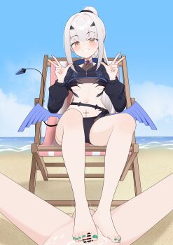 Rule 34 | 1girl, barefoot, beach, blush, censored, chair, clothed female nude male, cum, double v, fate/grand order, fate (series), feet, footjob, grin, highres, long hair, lounge chair, melusine (fate), melusine (swimsuit ruler) (fate), nude, ponytail, smile, toes, v, white hair, wl217 (nicexa111), yellow eyes