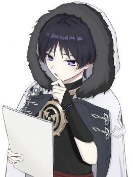 Rule 34 | 1boy, absurdres, armor, black hair, black shirt, blunt ends, choppy bangs, coat, coat on shoulders, commentary request, eyeliner, fatui coat, fatui logo, fur-trimmed hood, fur trim, genshin impact, gold, hand on own chin, hands up, highres, holding, holding paper, hood, hood up, hooded coat, japanese armor, jewelry, kote, kurokote, lapels, looking at object, makeup, male focus, mitsudomoe (shape), neck ring, okuraa 13, open clothes, open coat, open mouth, paper, portrait, purple eyes, reading, red eyeliner, red sash, rope, sash, scaramouche (genshin impact), shirt, solo, tomoe (symbol), turtleneck, turtleneck shirt, white background, white coat, white hood, white rope