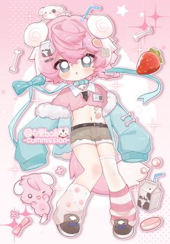 Rule 34 | 1girl, :o, artist name, asymmetrical legwear, baili (mhs 1830189), black necktie, blue bow, blue choker, blue eyes, blue jacket, blush, bow, braid, brown shorts, choker, collared shirt, commission, crop top, cropped sweater, crossed bangs, dot nose, double-parted bangs, food, fruit, full body, fur-trimmed shorts, fur trim, hair between eyes, highres, jacket, leg warmers, long sleeves, looking at viewer, midriff, navel, necktie, off shoulder, open clothes, open jacket, open mouth, original, pink hair, pink leg warmers, shirt, short hair, shorts, single sock, single thighhigh, sleeves past fingers, sleeves past wrists, socks, solo, sparkle, standing, strawberry, striped leg warmers, sweater, thighhighs, uneven legwear, white shirt, white socks, white thighhighs