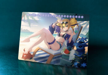 beach blonde_hair digimon digimon_(creature) digimon_liberator drill_hair ghostmon gigimon green_eyes looking_at_viewer multicolored_hair purple_hair smile sunglasses twintails violet_inboots yoobin213