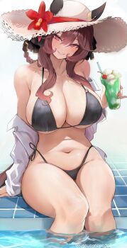 1girl absurdres alternate_costume bare_shoulders bikini black_bikini black_ribbon braid braided_hair_rings breasts brown_hair cherry cleavage collarbone collared_shirt commentary_request cup curvy disposable_cup flower flower_request food fruit gentildonna_(umamusume) hair_ribbon hair_rings hand_on_ground hat hat_flower hat_ribbon high-waist_bikini highres holding holding_cup huge_breasts ice_cream inaba_(usanopo) long_hair looking_at_viewer navel off_shoulder on_ground parted_lips poolside red_eyes red_flower red_ribbon ribbon shirt sideboob sitting smile soaking_feet solo stomach straw_hat string_bikini sun_hat swimsuit thick_thighs thighs tile_floor tiles umamusume unbuttoned unbuttoned_shirt underboob water watercraft white_hat white_shirt