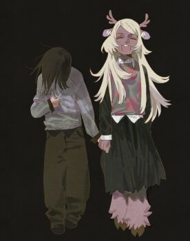 1girl 1other absurdres animal_ears antlers black_background black_hair black_skirt blonde_hair closed_eyes collared_shirt commentary deer_antlers deer_ears deer_girl deltarune english_commentary freckles furry furry_female head_down highres holding_hands hooves horns kris_(deltarune) laz_(wancchaco) long_sleeves noelle_holiday open_mouth pants shirt skirt smile striped_clothes striped_sweater sweater utdr_(toby_fox) white_shirt