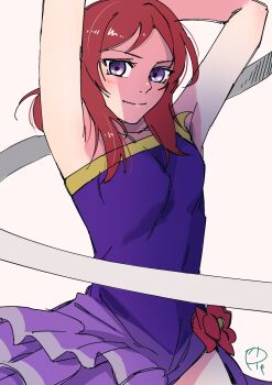 1girl armpits arms_up bare_arms commentary_request highres leotard love_live! love_live!_school_idol_project medium_hair nishikino_maki purple_eyes purple_leotard purple_skirt red_hair simple_background skirt smile solo surfacedxxc white_background