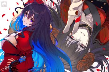 Rule 34 | 2girls, blue hair, breasts, brown eyes, brown hair, character request, choker, cleavage, closed mouth, commentary request, dress, eris no seihai, falling petals, flower, hair flower, hair ornament, large breasts, long hair, long sleeves, looking at viewer, multicolored hair, multiple girls, petals, purple eyes, red dress, red eyes, red flower, red nails, red petals, red rose, rose, scarlet castiel, signature, smile, very long hair, yuunagi (seventh heaven)