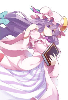 1girl akaneya book breasts capelet coat crescent dress female_focus hair_ribbon hat impossible_clothes impossible_dress large_breasts long_hair long_sleeves mob_cap open_clothes open_coat patchouli_knowledge purple_dress purple_eyes purple_hair ribbon simple_background solo striped_clothes striped_dress touhou tress_ribbon very_long_hair wide_sleeves