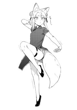 1girl :o animal_ear_fluff animal_ears ariyoshi_gen china_dress chinese_clothes clenched_hand dress flats fox_ears fox_girl fox_tail full_body greyscale hair_bun monochrome original short_hair short_sleeves side_slit solo standing standing_on_one_leg tail thick_eyebrows thigh_strap yue-chan