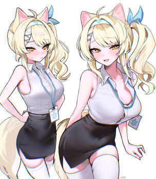 1girl absurdres ahoge animal_ears arms_behind_back artist_name bare_arms bare_shoulders black_skirt blonde_hair blush breasts closed_mouth collarbone collared_shirt commentary_request covered_navel cowboy_shot cropped_legs dot_nose fang hair_ornament hairband haze_(7h4ze) highres lanyard large_breasts long_hair looking_at_viewer looking_to_the_side multiple_views office_lady open_mouth original pencil_skirt shirt side_ponytail simple_background skin_fang skirt sleeveless sleeveless_shirt solo sweatdrop tail thighhighs thighs white_background white_hairband white_shirt white_thighhighs x_hair_ornament yellow_eyes zettai_ryouiki