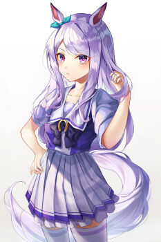 1girl animal_ears bow breasts commentary_request cowboy_shot ear_ribbon hand_on_own_hip helawid highres horse_ears horse_girl horse_tail horseshoe_ornament long_hair looking_at_viewer mejiro_mcqueen_(umamusume) purple_eyes purple_hair purple_shirt purple_skirt sailor_collar school_uniform serious shirt skirt solo tail thighhighs tracen_school_uniform umamusume white_sailor_collar