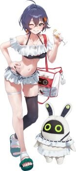 1girl alternate_costume bag bangboo_(zenless_zone_zero) bare_shoulders belle_(zenless_zone_zero) bikini black_bikini black_thighhighs blue_hair blue_nails collarbone crossed_bangs full_body green_eyes hair_between_eyes hair_ornament highres holding jewelry letter_hair_ornament looking_at_viewer nail_polish navel necklace off_shoulder one_eye_covered rkin short_hair simple_background single_thighhigh skirt smile solo standing stomach swimsuit thigh_strap thighhighs thighs toes white_background white_skirt zenless_zone_zero