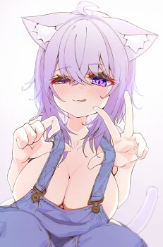 1girl ahoge alternate_costume animal_ear_fluff animal_ears blue_overalls breasts cat_ears cat_girl cat_tail cleavage closed_mouth highres hololive kajimakoto large_breasts looking_at_viewer naked_overalls nekomata_okayu overalls purple_eyes purple_hair smile solo tail tongue tongue_out virtual_youtuber white_background
