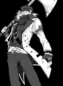 Rule 34 | 1boy, aakaaka78910, aragaki shinjirou, armband, axe, battle axe, beanie, belt, belt buckle, black background, buckle, coat, commentary request, contrapposto, fingerless gloves, gloves, hat, highres, holding, holding axe, holding weapon, lapels, looking at viewer, male focus, medium hair, open clothes, open coat, pants, persona, persona 3, s.e.e.s, simple background, sketch, solo, turtleneck, weapon, wrist belt