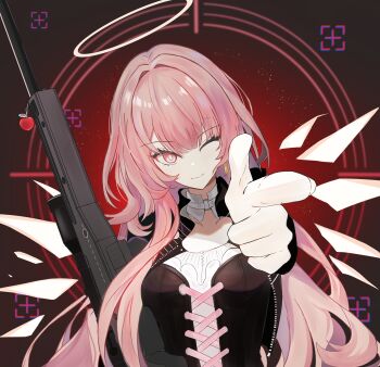 Rule 34 | 1girl, absurdres, arknights, black dress, black jacket, commentary request, cross-laced clothes, detached wings, dress, energy wings, finger gun, giru rei, gun, halo, highres, holding, holding gun, holding weapon, jacket, lemuen (arknights), long hair, looking at viewer, one eye closed, pink eyes, pink hair, pointing, pointing at viewer, rifle, smile, sniper rifle, solo, traditional halo, upper body, very long hair, weapon, white halo, white wings, wings, zipper