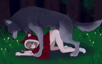 1boy 1girl absurdres all_fours animal_ears animal_penis arched_back ass bent_over bestiality black_sky black_souls blue_eyes blush brown_hair cloak commission deep_penetration doggystyle forest grass grey_fur highres hood legs loli motion_lines nature night on_ground one_eye_closed outdoors pale_skin penis poro_(black_souls) red_cloak red_hood red_hood_(black_souls) sex sex_from_behind shiny_skin sky smile smirk socks sumikauwu tail tree vaginal white_socks wolf wolf_ears wolf_tail yellow_eyes