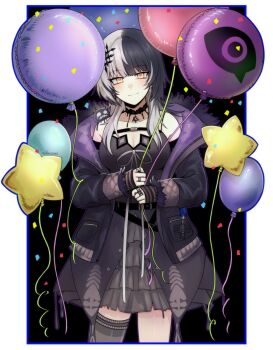 1girl artist_name balloon belt black_belt black_choker black_coat black_dress black_hair blush border breasts chest_belt choker closed_mouth coat commentary confetti cowboy_shot dress english_commentary feverkiosko fur-trimmed_coat fur_trim grey_hair hair_ornament highres hololive hololive_english jewelry lace lace_choker large_breasts long_hair long_sleeves looking_at_viewer multicolored_hair multiple_rings open_clothes open_coat pendant_choker ring shiori_novella shiori_novella_(1st_costume) smile solo split-color_hair standing star_balloon striped_arm_warmers striped_clothes striped_thighhighs thighhighs two-tone_hair virtual_youtuber white_border yellow_eyes yorick_(shiori_novella)