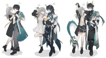 ! ... 00rml 1boy 1girl absurdres aqua_horns arm_around_waist arm_up armor bare_shoulders black_boots black_gloves black_hair black_jacket black_pants black_shirt boots breasts chinese_clothes closed_mouth colored_inner_hair dan_heng_(honkai:_star_rail) dan_heng_(hunt)_(honkai:_star_rail) dan_heng_(imbibitor_lunae)_(honkai:_star_rail) dan_heng_(permansor_terrae)_(honkai:_star_rail) dancing dragon_boy dragon_horns dragon_tail dress earclip eastern_dragon_horns eye_contact eyeliner full_body gloves gradient_hair green_eyes green_hair grey_hair grey_pants hand_on_another's_back hashtag-only_commentary hetero high_heel_boots high_heels highres holding_hands honkai:_star_rail honkai_(series) horns jacket long_hair looking_at_another makeup medium_breasts multicolored_hair multiple_persona multiple_views musical_note off_shoulder open_mouth pants pauldrons pointy_ears ponytail red_eyeliner shared_speech_bubble shirt short_hair shoulder_armor simple_background single_pauldron sleeveless sleeveless_dress smile speech_bubble spoken_ellipsis spoken_exclamation_mark spoken_musical_note standing standing_on_one_leg stelle_(honkai:_star_rail) stelle_(world_tour_2023)_(honkai:_star_rail) tail thigh_strap trailblazer_(honkai:_star_rail) white_background white_dress white_shirt yellow_eyes yellow_horns