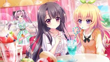 3girls :o belt birthday black_belt black_footwear black_hair black_hairband blonde_hair blue_dress blurry blurry_foreground blush bow breasts cafe ceiling_light chair closed_mouth collarbone couple crazy_straw cup day dot_nose dress drinking drinking_glass drinking_straw dropping dutch_angle embarrassed falling film_grain food game_cg green_bow green_eyes hair_bow hair_intakes hairband hasegawa_mii heart_straw holding holding_drinking_straw ichikishima_mizuha indoors izumi_tsubasu lens_flare long_hair looking_at_viewer medium_breasts misaki_sango multiple_girls non-web_source official_art open_mouth orange_dress parfait pinafore_dress purple_eyes re:stage! round_table shared_drink shirt shoes short_sleeves sitting sleeveless sleeveless_dress small_breasts socks sparkle sparkling_eyes straight_hair strawberry_parfait surprised swept_bangs table tray twintails wallpaper_(object) white_shirt white_socks window yuri