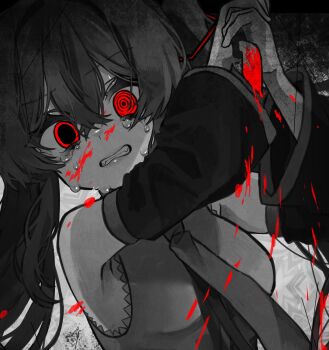 1girl aduma_tobari blood blood_on_face commentary constricted_pupils crying crying_with_eyes_open detached_sleeves dilated_pupils furrowed_brow hair_between_eyes hatsune_miku highres holding holding_knife knife long_hair looking_at_viewer mismatched_irises necktie pov_stabbing red_eyes ringed_eyes solo spot_color streaming_tears tears twintails upper_body vocaloid