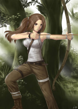 1girl absurdres archery arrow_(projectile) bandaged_arm bandaged_hand bandaged_leg bandages belt black_belt blush boots bow_(weapon) breasts brown_eyes brown_hair concentrating dirty dirty_face female_focus grass highres lace-up_boots lara_croft leaves long_hair medium_breasts moss pixiv_tomb_raider_contest plant ponytail shirt solo sunlight tomb_raider tomb_raider_(reboot) tree pants watermark weapon white_shirt xiao_lian