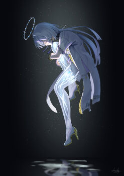 Rule 34 | 1girl, absurdres, chucky (chucky1000sun), closed mouth, colored eyelashes, commentary request, dark background, earrings, floating, from side, full body, grey hair, half-closed eye, halo, highres, id card, jacket, jewelry, knee up, long hair, mornye (wuthering waves), profile, prosthesis, prosthetic leg, reflective floor, signature, solo, tacet mark (wuthering waves), triangle earrings, white jacket, wuthering waves