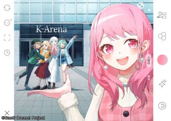 >_< 5girls aqua_hair bang_dream! beanie black_hat black_pants black_shoes blonde_hair blue_eyes blue_jacket blue_shorts blush braid brown_hair cardigan commentary_request earrings fake_screenshot green_eyes green_hat grey_shoes guest_art hat hikawa_hina jacket jewelry k-arena_yokohama long_hair long_sleeves maruyama_aya medium_hair multiple_girls official_art open_mouth outdoors pants pastel_palettes_(bang_dream!) pink_eyes pink_hair pink_sweater potg_(piotegu) purple_eyes red_skirt red_socks second-party_source selfie shirasagi_chisato shoes shorts skirt socks sweater teeth twin_braids upper_teeth_only wakamiya_eve white_hair white_skirt yamato_maya yellow_cardigan