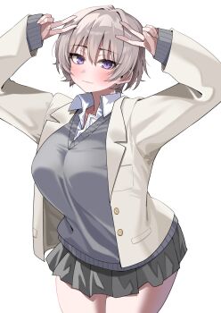 1girl arms_up black_skirt blush breasts closed_mouth collared_shirt commentary_request double_v gomashi_(goma) grey_hair grey_sweater hair_between_eyes highres jacket large_breasts looking_at_viewer open_clothes open_jacket original purple_eyes shirt simple_background skirt sleeves_past_wrists solo sweater thighs v white_background white_jacket white_shirt