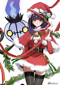 1girl absurdres bare_shoulders black_hair blunt_bangs blush bob_cut breasts capelet chandelure christmas cowboy_shot dress fire fur-trimmed_capelet fur-trimmed_dress fur-trimmed_headwear fur_trim gen_5_pokemon gradient_hair gwynn_(pokemon) hat highres holding kairi0w0 long_sleeves looking_at_viewer multicolored_hair nintendo pokemon pokemon_(creature) pokemon_legends:_z-a purple_eyes purple_fire red_capelet red_dress red_hat santa_costume santa_dress santa_hat short_hair standing yellow_eyes