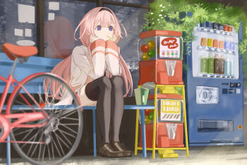 1girl bench bicycle black_hairband black_thighhighs blue_eyes brown_footwear can cup_ramen drink_can gashapon hair_flaps hairband hands_on_own_chin highres jacket legs_together loafers long_hair mouth_hold nijisanji p9_nai pink_hair plant reflection shoes sitting soda_can solo_focus suo_sango suo_sango_(1st_costume) thighhighs vending_machine very_long_hair virtual_youtuber white_jacket window