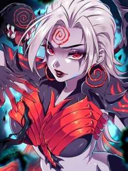 1girl armor artist_name black_gloves blurry blurry_background breasts cape colored_skin commentary earrings gloves gradient_gloves grey_skin hela_(marvel) hela_(queen_in_black)_(marvel) highres jewelry large_breasts long_hair looking_at_viewer marvel marvel_rivals midriff mingway multicolored_gloves official_alternate_costume parted_lips pauldrons red_cape red_eyes red_gloves red_lips sharp_teeth shoulder_armor solo spiked_pauldrons spikes spiral symbiote teeth thor_(marvel)_(series) tongue upper_body white_hair