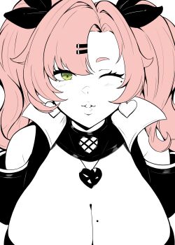 1girl absurdres breasts cleavage clothing_cutout commentary english_commentary eyebrows_hidden_by_hair gem green_eyes greyscale hair_ornament hairclip heart heart_necklace highres huge_breasts jewelry lughost mole mole_on_breast mole_under_eye monochrome necklace nicole_demara one_eye_closed parted_lips pink_hair short_eyebrows shoulder_cutout solo spot_color upper_body zenless_zone_zero