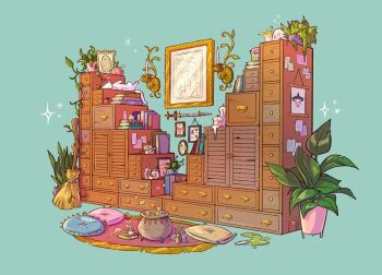 animal artist_name book book_stack bottle broom candle candlestand cat cauldron chest_of_drawers clutter commentary cow crystal cushion english_commentary evergreenqveen glass_bottle indoors jar liquid no_humans original picture_frame pillow plant pothos_(plant) potted_plant rug scenery shelf simple_background skull sparkle sword vines weapon