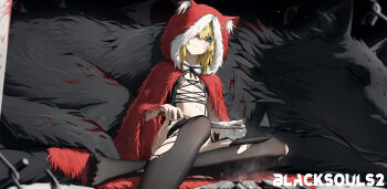 1girl absurdres animal_hood bfs1557897975 black_souls black_souls_2 black_thighhighs blonde_hair blood blue_eyes cape closed_mouth commentary_request fur-trimmed_hood fur_trim highres holding holding_knife hood hood_up hooded_cape knife looking_at_viewer medium_hair no_shoes one_eye_covered poro_(black_souls) red_cape red_hood_(black_souls) sitting solo thighhighs torn_clothes torn_thighhighs wolf